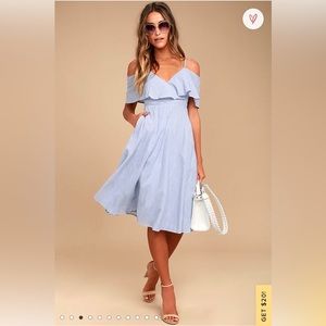 LULUS Yacht Rock Blue & White Striped Off The Shoulder Midi Dress